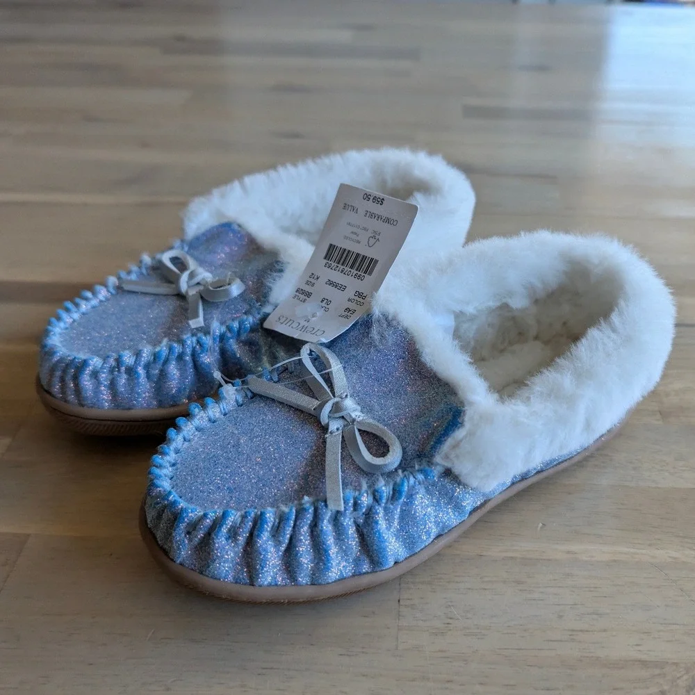 J.Crew Crewcuts Kids Glitter Slippers Size K12 Blue White Faux Fur NEW!